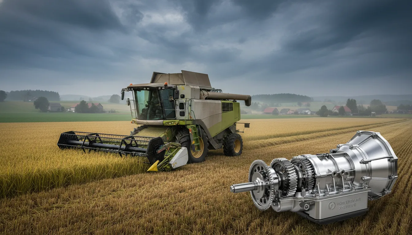 Harvester navigating muddy field