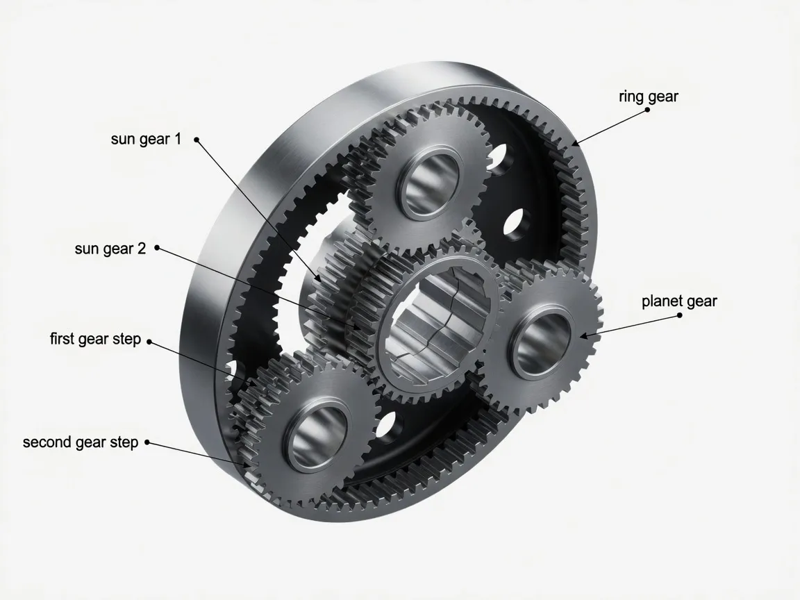 How a planetary gearbox works - sun gear planet gears ring gear and carrier